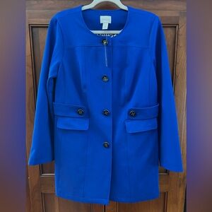 NWT Chicos Ponte Novelty Button Topper. Long sleeve jacket in royal blue. Size 8